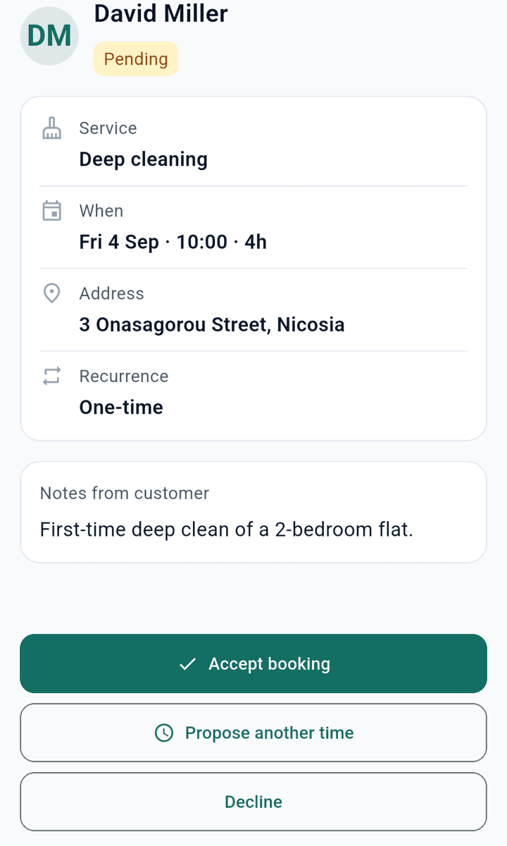 A booking request with accept, propose another time, and decline