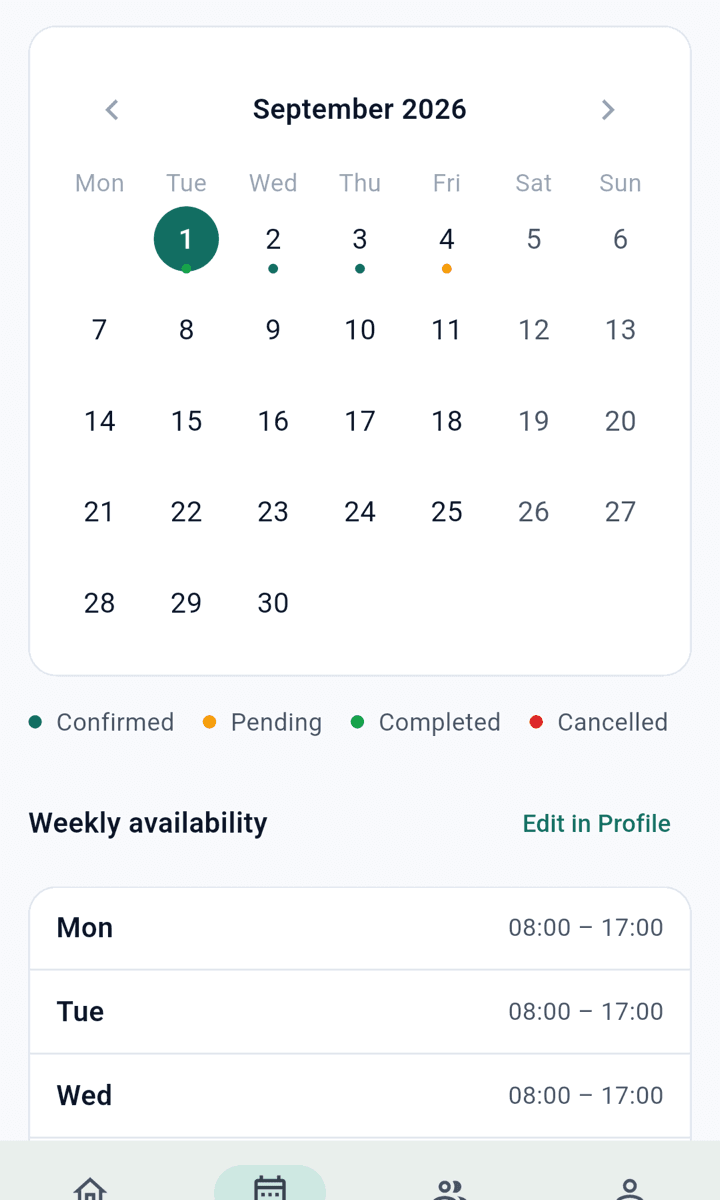 The schedule screen with a month calendar and the weekly working hours below it
