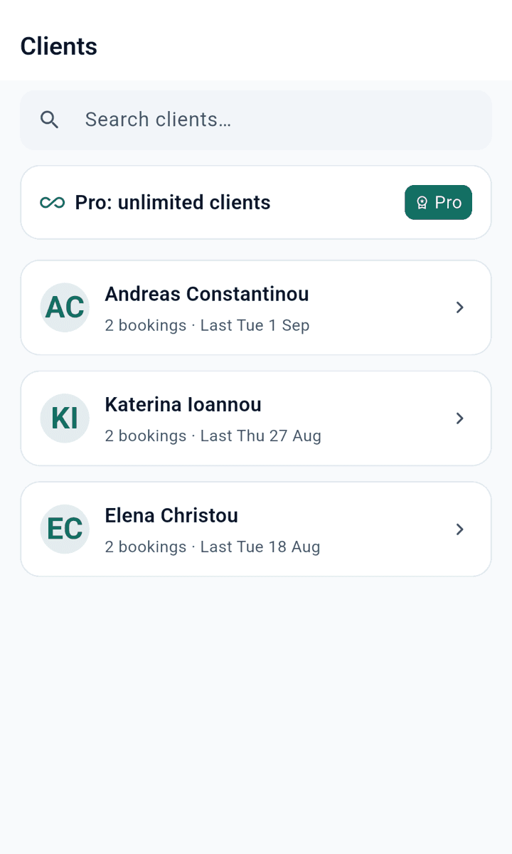 The clients screen listing clients with their booking count and last visit