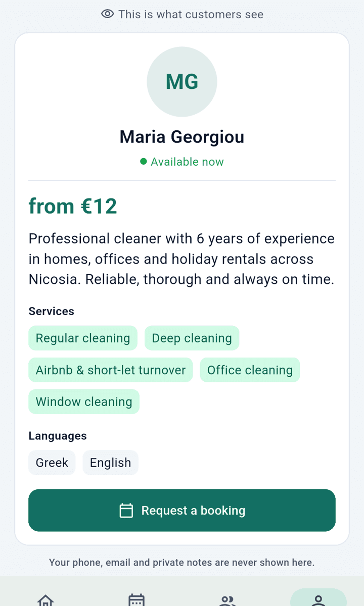 The cleaner profile a client sees, with services, languages and a booking button